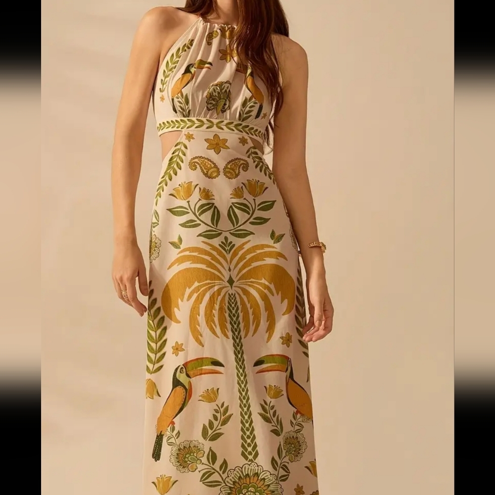 Green and Gold Tie Front Cut Out Maxi Dress - Picture 3 of 5